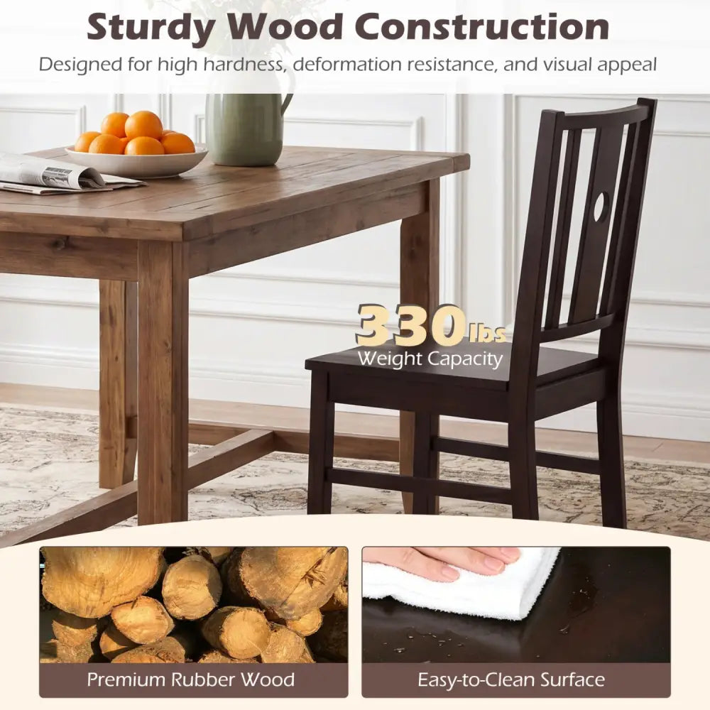 Set of 2 Solid Rubber Wood Kitchen Chairs with Slatted Curved Backrest-Coffee - Coffee - Dining Chairs