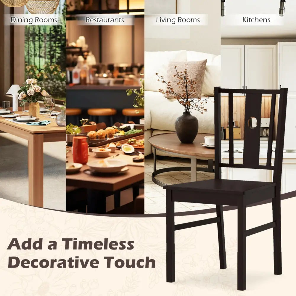 Set of 2 Solid Rubber Wood Kitchen Chairs with Slatted Curved Backrest-Coffee - Coffee - Dining Chairs