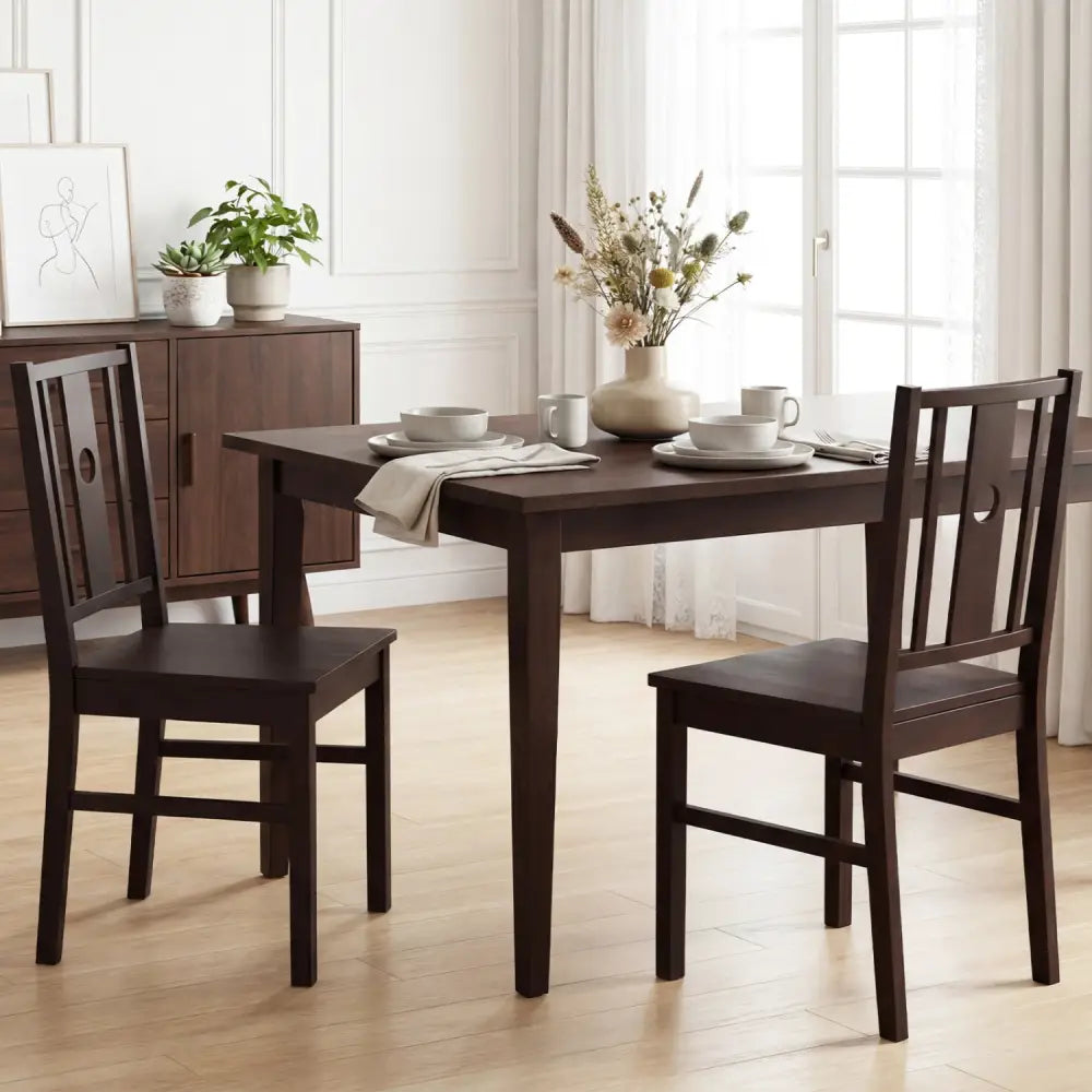 Set of 2 Solid Rubber Wood Kitchen Chairs with Slatted Curved Backrest-Coffee - Coffee - Dining Chairs