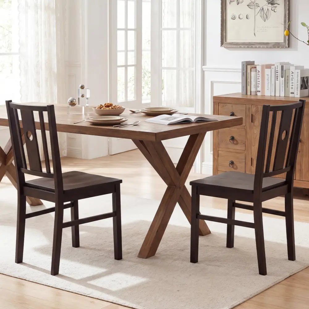 Set of 2 Solid Rubber Wood Kitchen Chairs with Slatted Curved Backrest-Coffee - Coffee - Dining Chairs