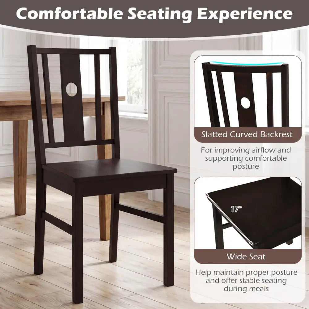 Set of 2 Solid Rubber Wood Kitchen Chairs with Slatted Curved Backrest-Coffee - Coffee - Dining Chairs
