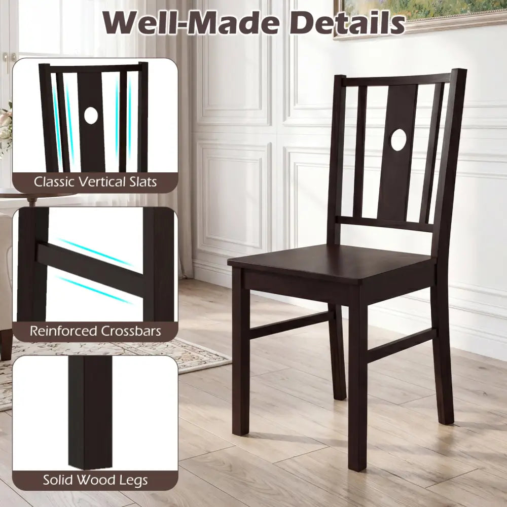 Set of 2 Solid Rubber Wood Kitchen Chairs with Slatted Curved Backrest-Coffee - Coffee - Dining Chairs