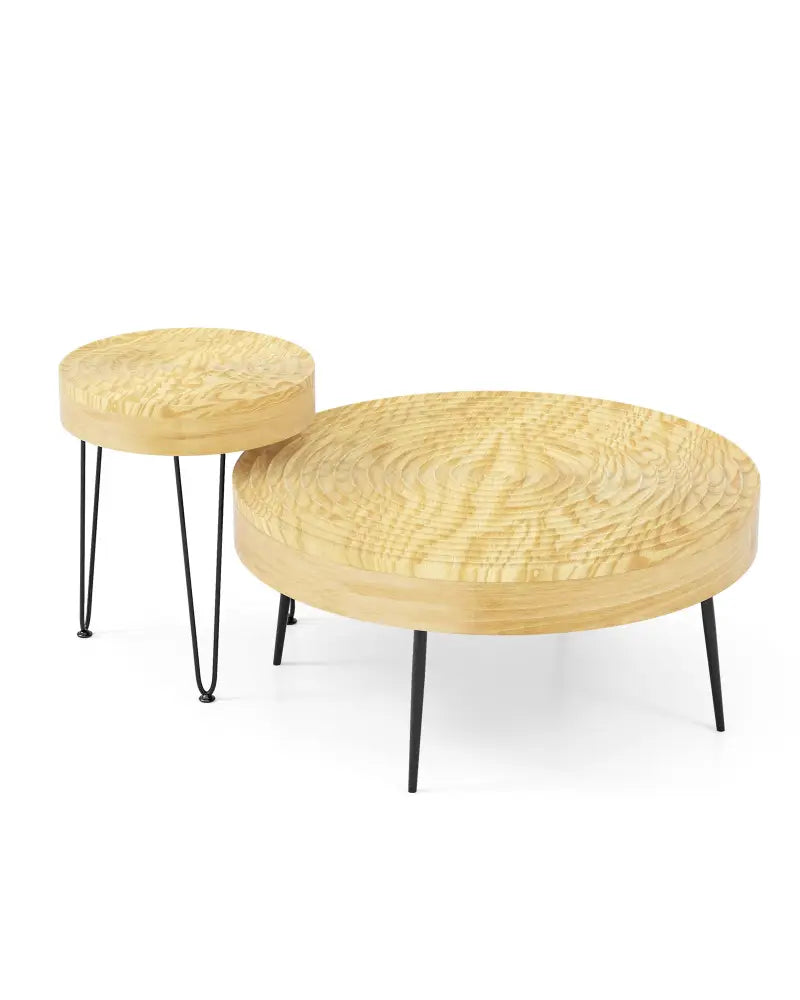 Set of 2 Solid Wood Farmhouse Round Coffee Tables-Natural - Natural - Coffee Tables