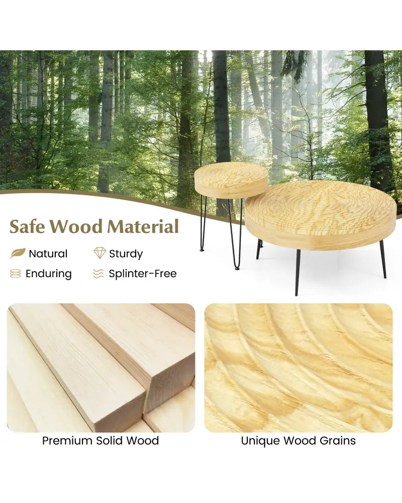 Set of 2 Solid Wood Farmhouse Round Coffee Tables-Natural - Natural - Coffee Tables
