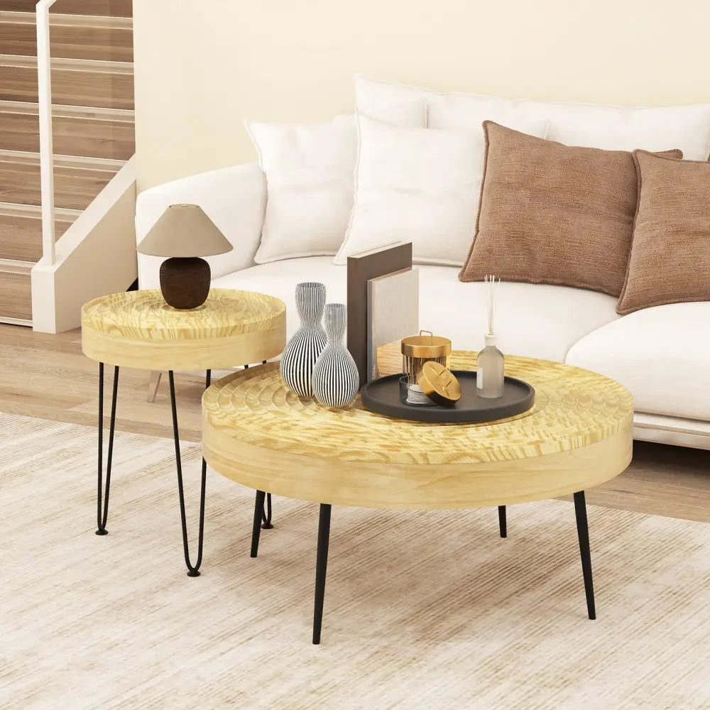 Set of 2 Solid Wood Farmhouse Round Coffee Tables-Natural - Natural - Coffee Tables