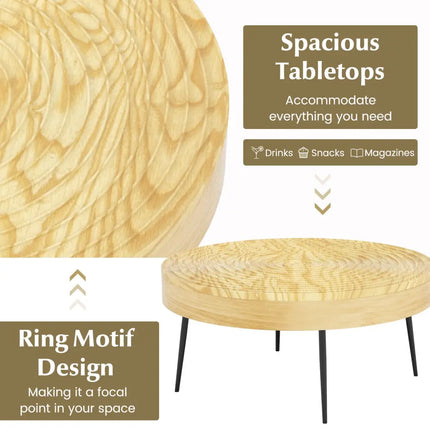 Set of 2 Solid Wood Farmhouse Round Coffee Tables-Natural - Natural - Coffee Tables