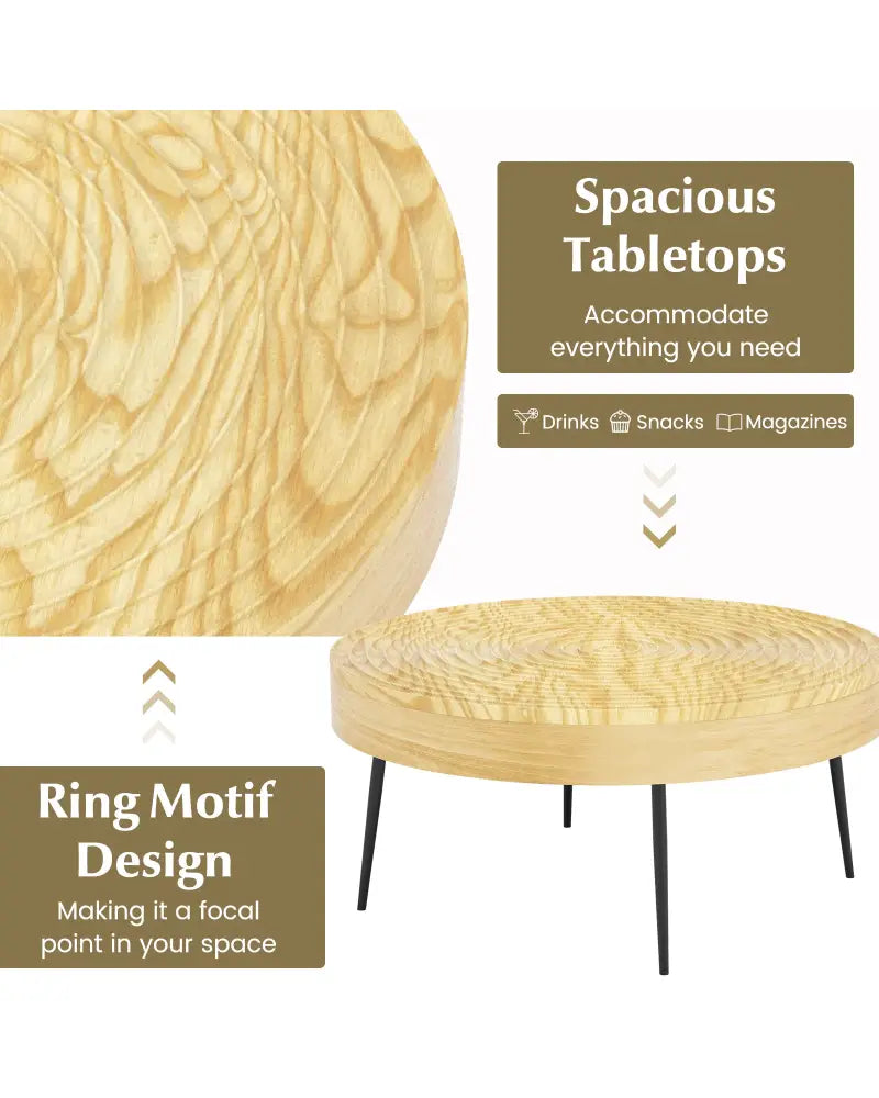 Set of 2 Solid Wood Farmhouse Round Coffee Tables-Natural - Natural - Coffee Tables
