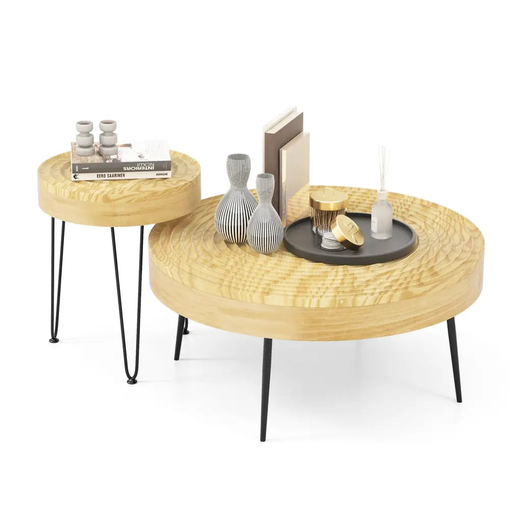 Set of 2 Solid Wood Farmhouse Round Coffee Tables-Natural - Natural - Coffee Tables