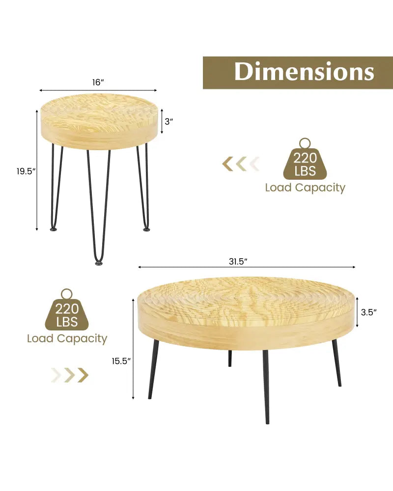 Set of 2 Solid Wood Farmhouse Round Coffee Tables-Natural - Natural - Coffee Tables
