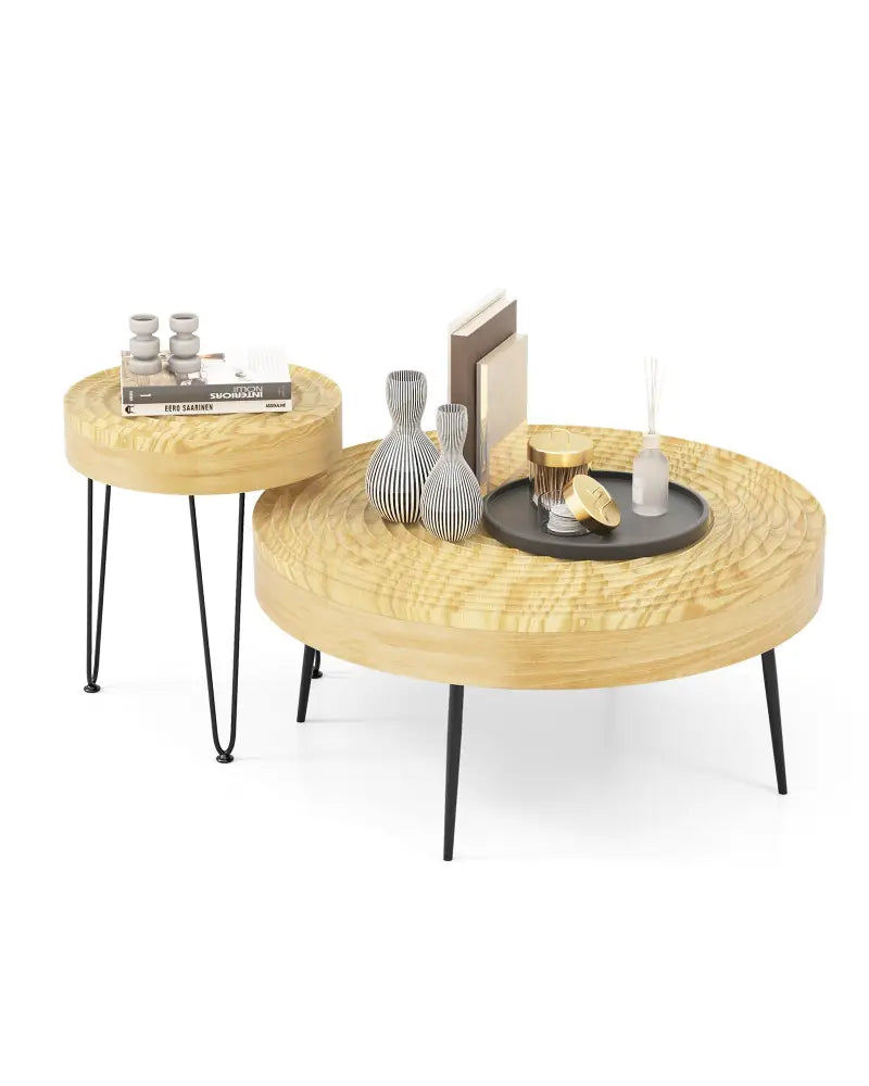 Set of 2 Solid Wood Farmhouse Round Coffee Tables-Natural - Natural - Coffee Tables