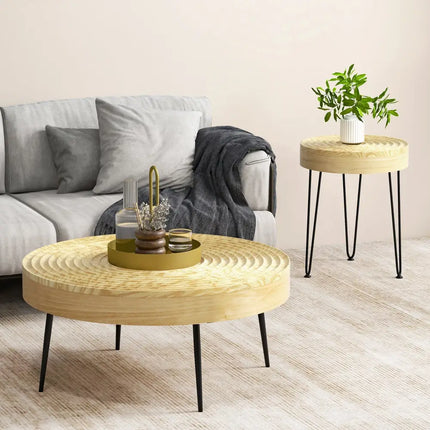 Set of 2 Solid Wood Farmhouse Round Coffee Tables-Natural - Natural - Coffee Tables