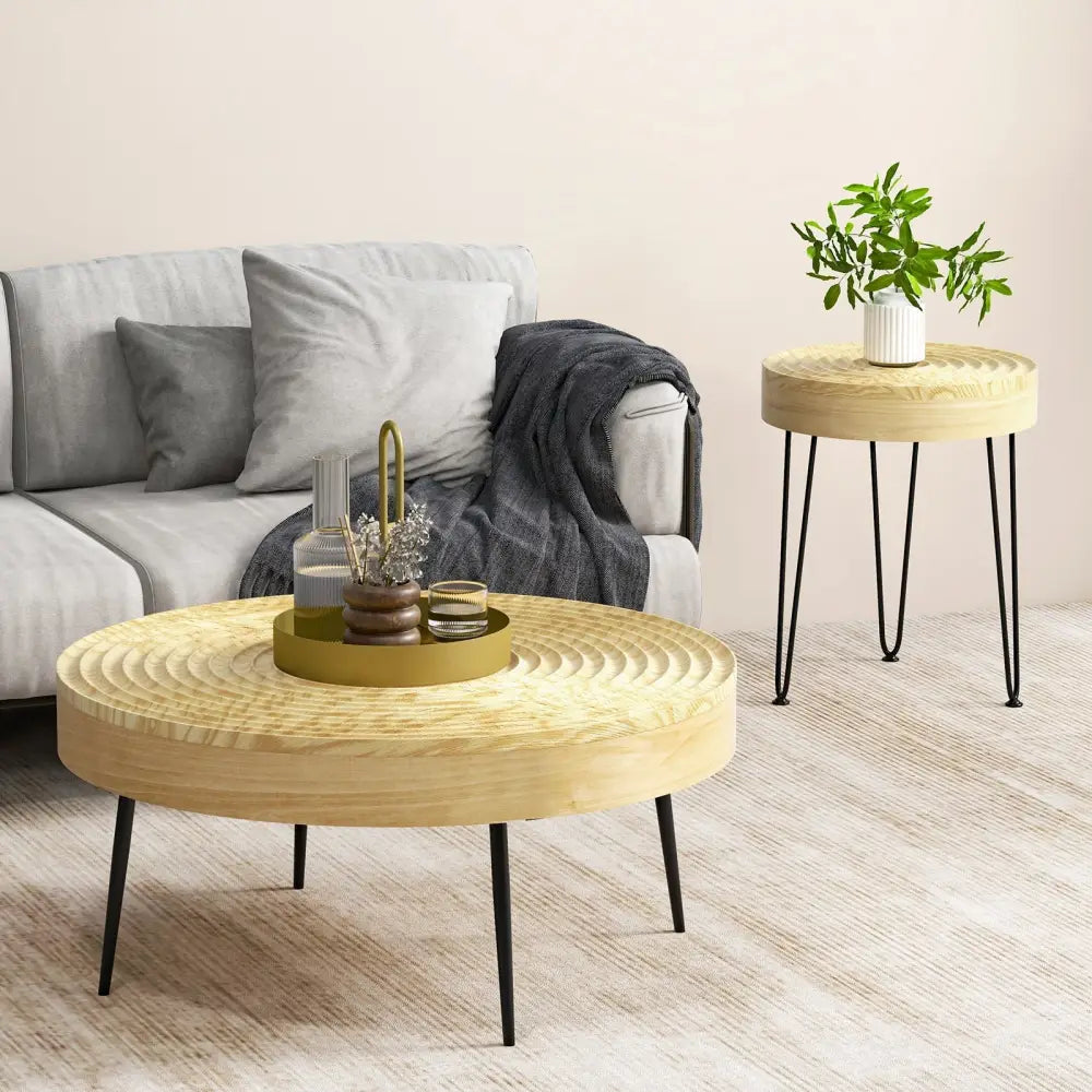 Set of 2 Solid Wood Farmhouse Round Coffee Tables-Natural - Natural - Coffee Tables