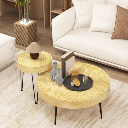Set of 2 Solid Wood Farmhouse Round Coffee Tables-Natural - Natural - Coffee Tables