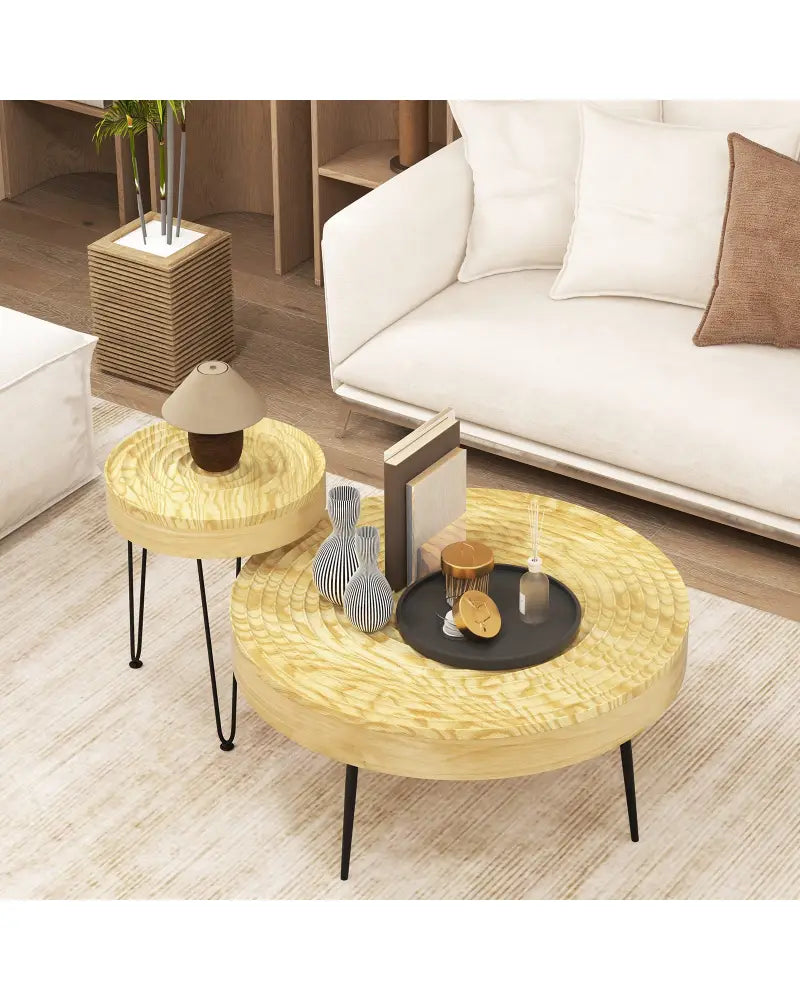 Set of 2 Solid Wood Farmhouse Round Coffee Tables-Natural - Natural - Coffee Tables