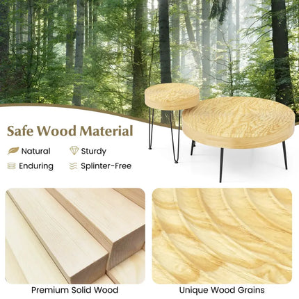 Set of 2 Solid Wood Farmhouse Round Coffee Tables-Natural - Natural - Coffee Tables