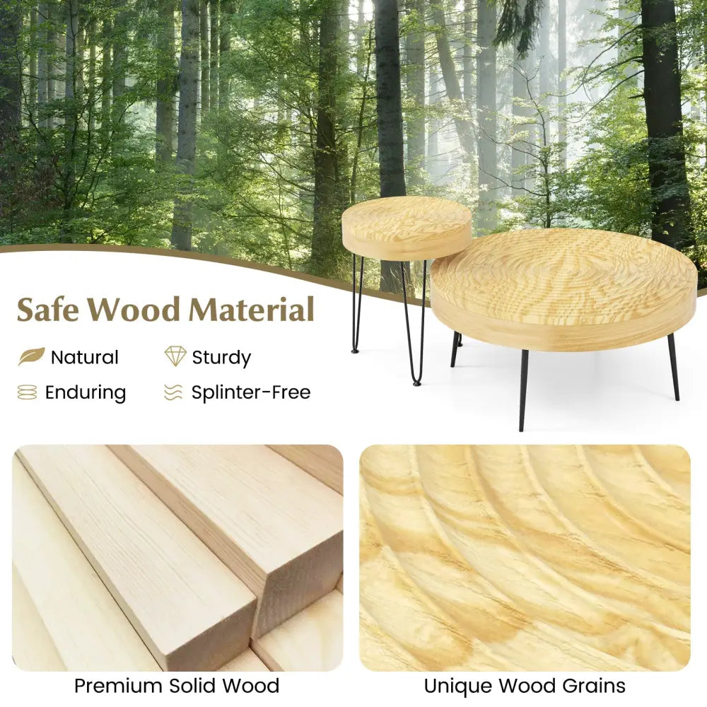 Set of 2 Solid Wood Farmhouse Round Coffee Tables-Natural - Natural - Coffee Tables