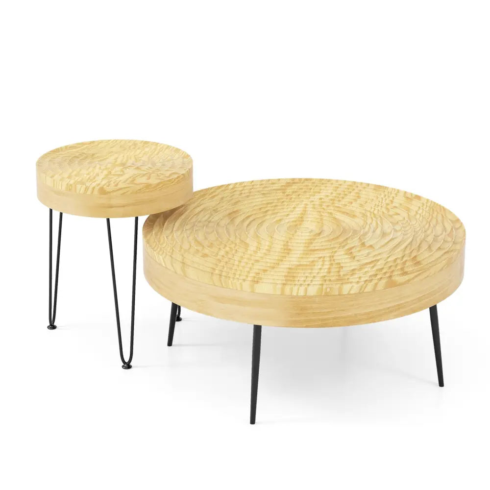 Set of 2 Solid Wood Farmhouse Round Coffee Tables-Natural - Natural - Coffee Tables