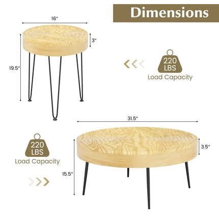 Set of 2 Solid Wood Farmhouse Round Coffee Tables-Natural - Natural - Coffee Tables