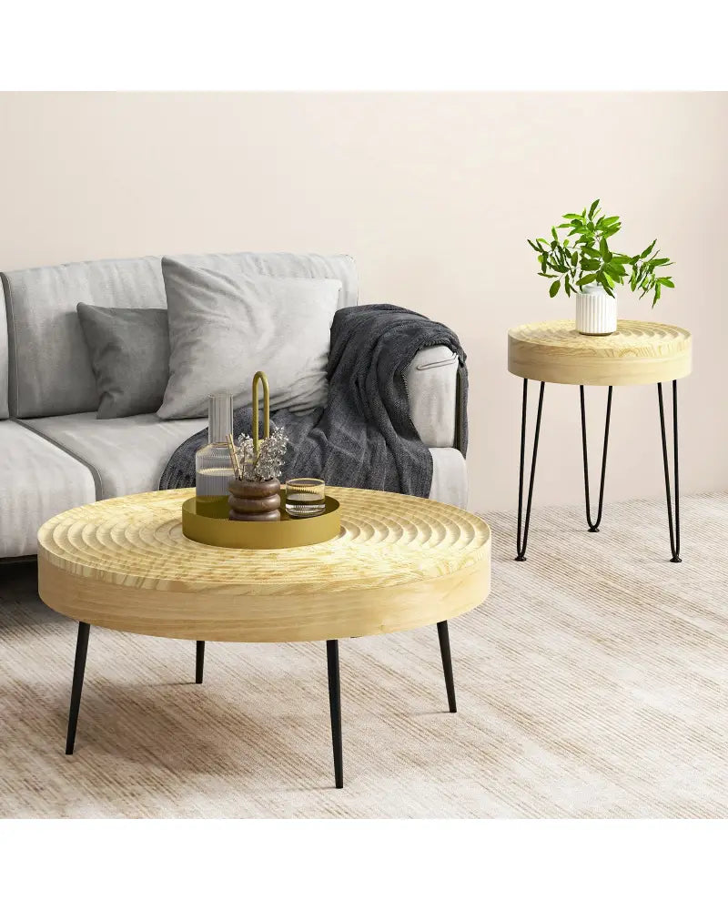 Set of 2 Solid Wood Farmhouse Round Coffee Tables-Natural - Natural - Coffee Tables