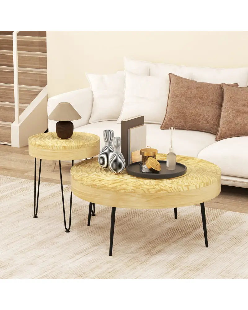 Set of 2 Solid Wood Farmhouse Round Coffee Tables-Natural - Natural - Coffee Tables