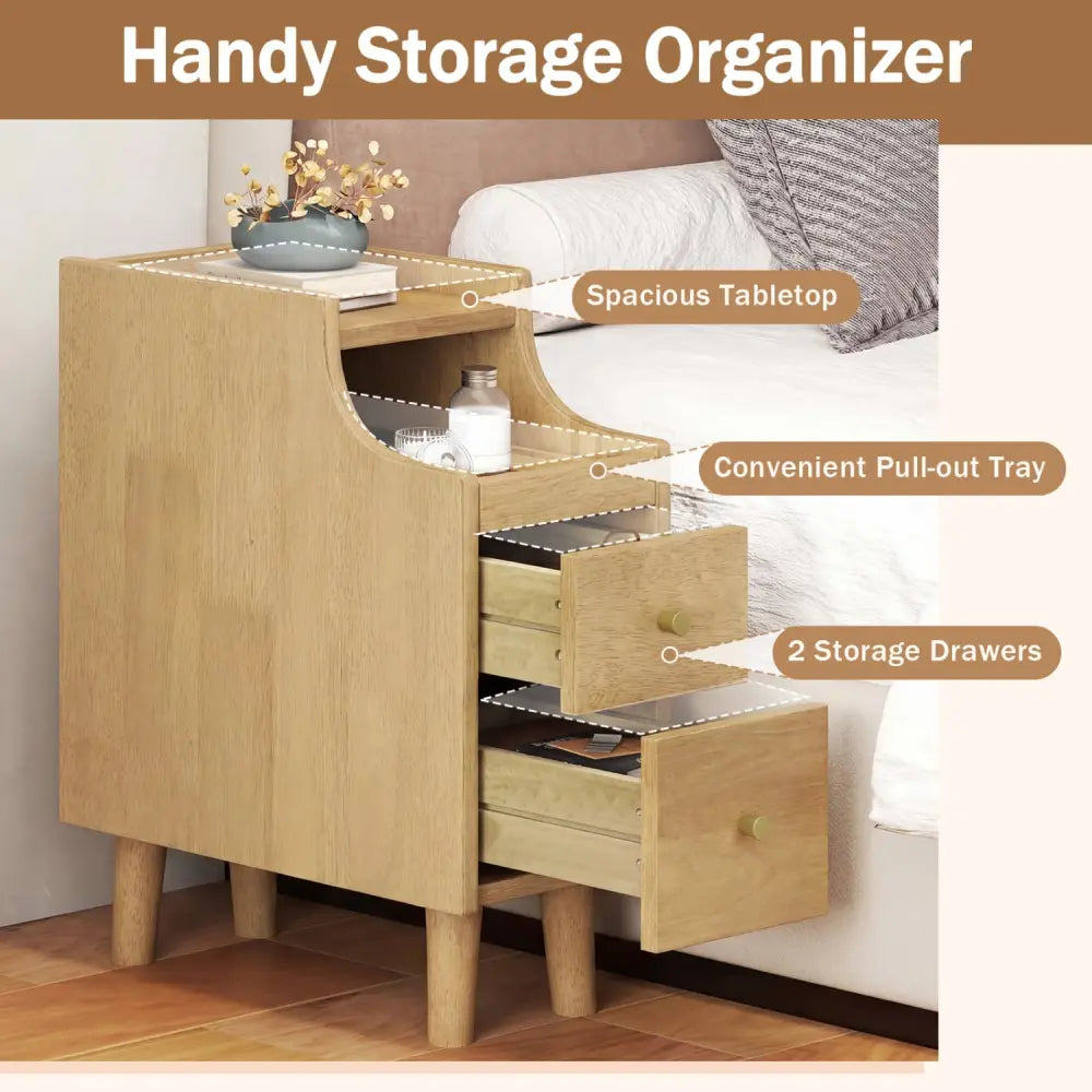 Set of 2 Solid Wood Night Side Table with Pull-out Tray and 2 Storage Drawers-Natural - Natural - Nightstands