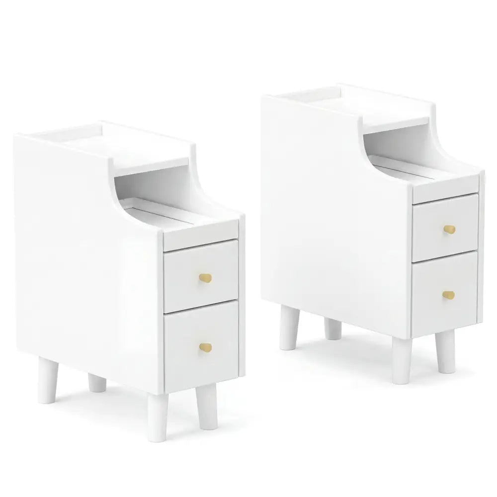Set of 2 Solid Wood Night Side Table with Pull-out Tray and 2 Storage Drawers-White - White - Nightstands