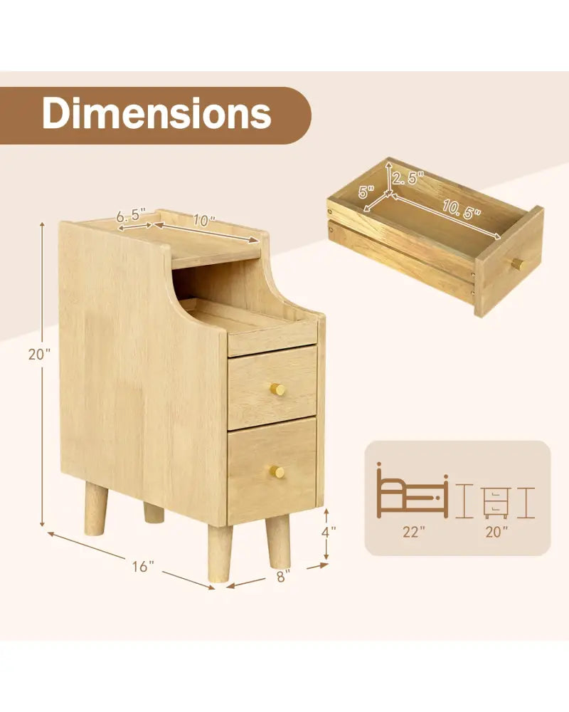 Set of 2 Solid Wood Night Side Table with Pull-out Tray and 2 Storage Drawers-Natural - Natural - Nightstands