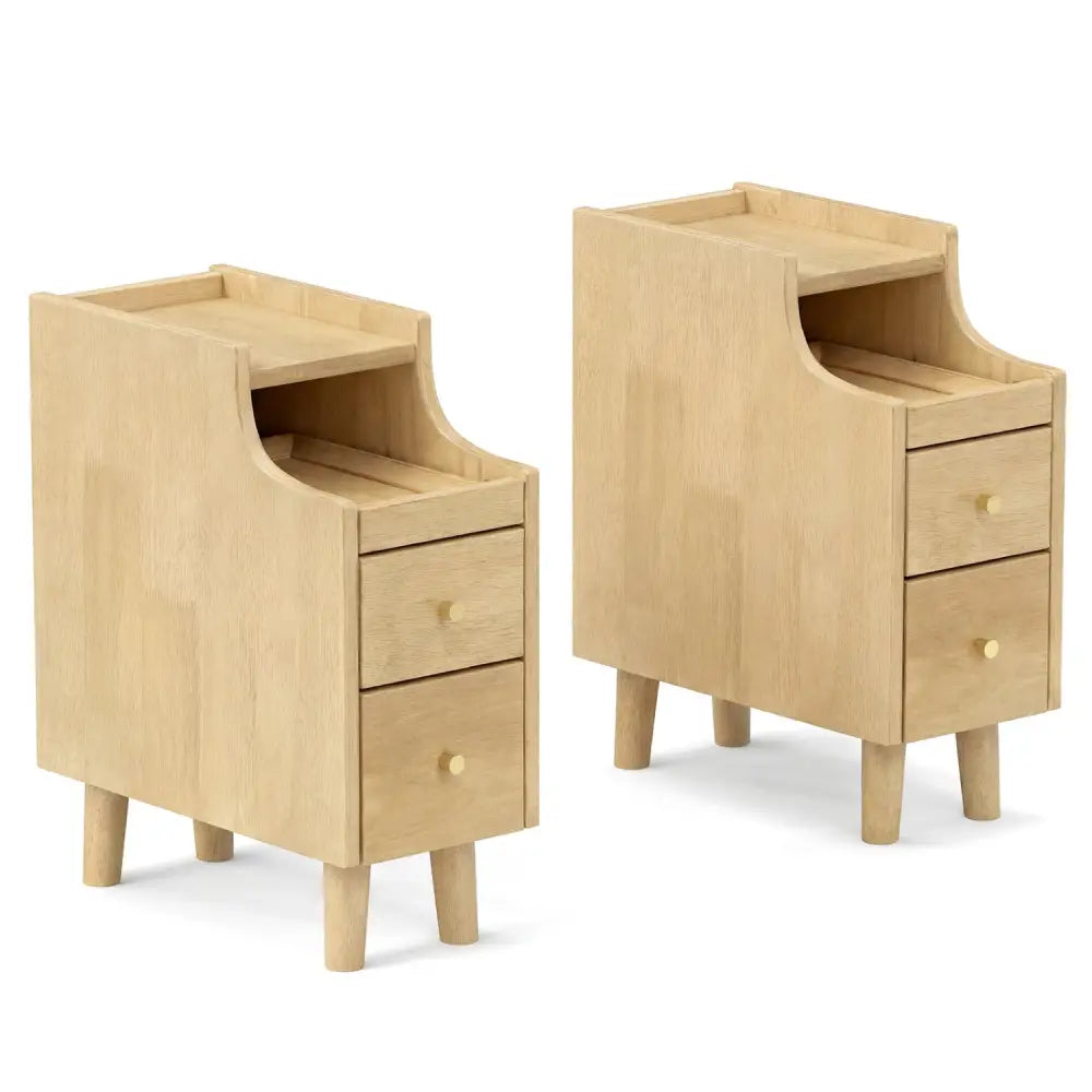 Set of 2 Solid Wood Night Side Table with Pull-out Tray and 2 Storage Drawers-Natural - Natural - Nightstands