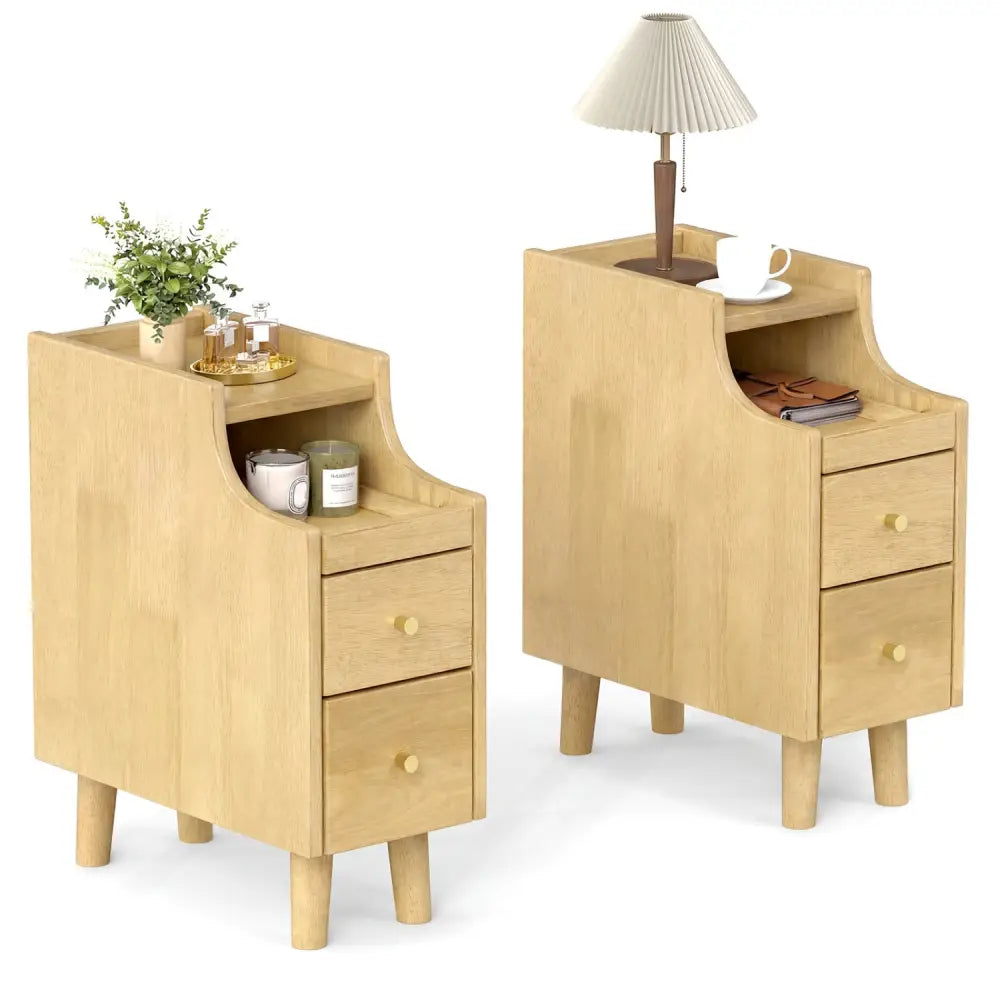 Set of 2 Solid Wood Night Side Table with Pull-out Tray and 2 Storage Drawers-Natural - Natural - Nightstands