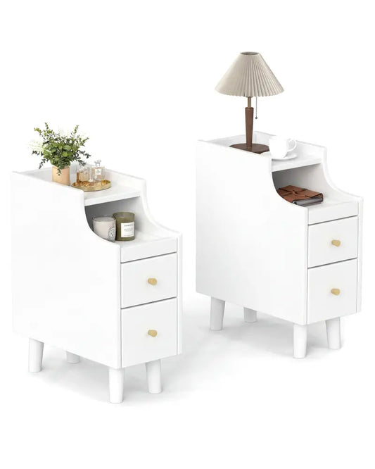 Set of 2 Solid Wood Night Side Table with Pull-out Tray and 2 Storage Drawers-White - White - Nightstands
