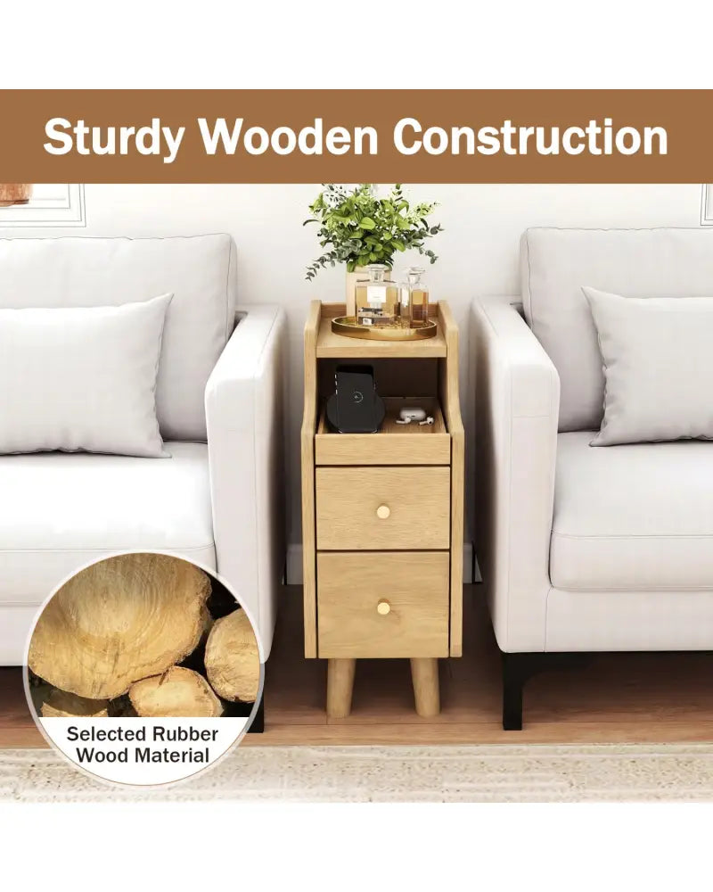 Set of 2 Solid Wood Night Side Table with Pull-out Tray and 2 Storage Drawers-Natural - Natural - Nightstands