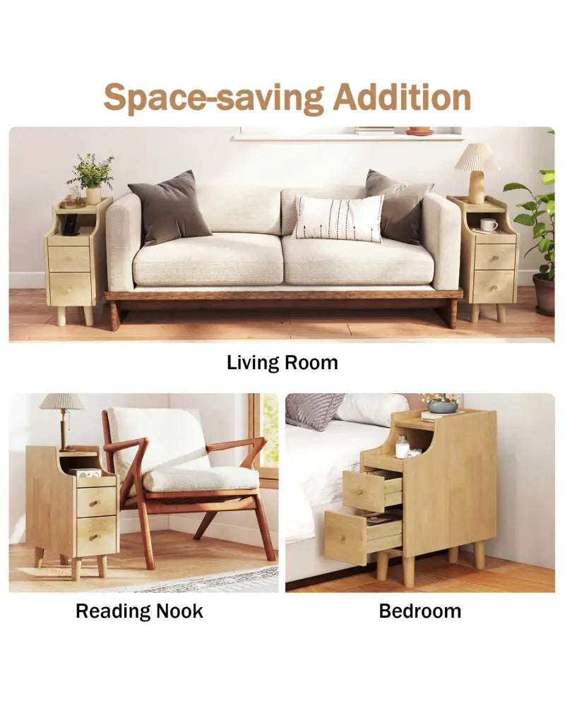 Set of 2 Solid Wood Night Side Table with Pull-out Tray and 2 Storage Drawers-Natural - Natural - Nightstands