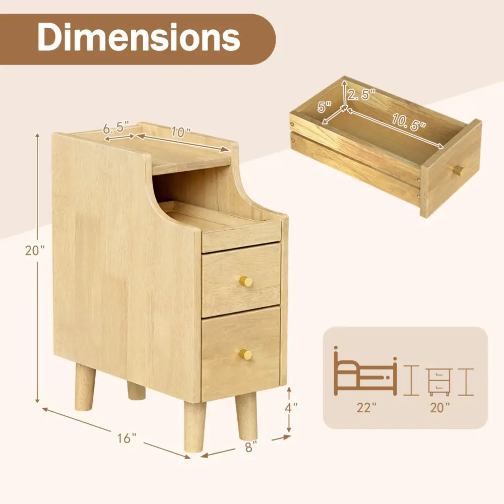Set of 2 Solid Wood Night Side Table with Pull-out Tray and 2 Storage Drawers-Natural - Natural - Nightstands