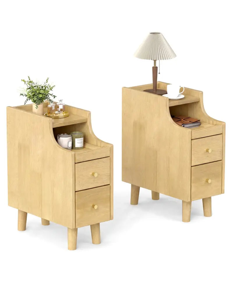 Set of 2 Solid Wood Night Side Table with Pull-out Tray and 2 Storage Drawers-Natural - Natural - Nightstands