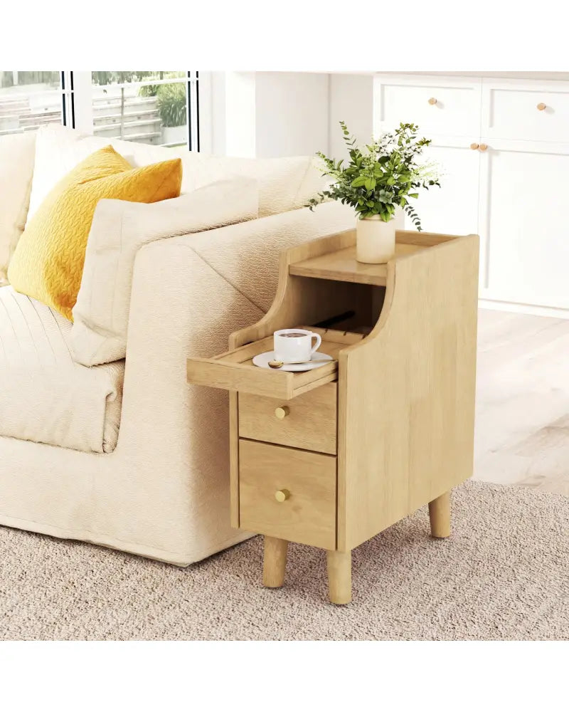Set of 2 Solid Wood Night Side Table with Pull-out Tray and 2 Storage Drawers-Natural - Natural - Nightstands