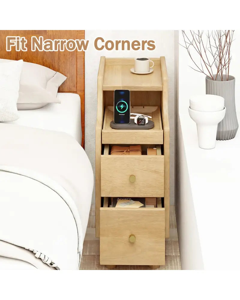Set of 2 Solid Wood Night Side Table with Pull-out Tray and 2 Storage Drawers-Natural - Natural - Nightstands