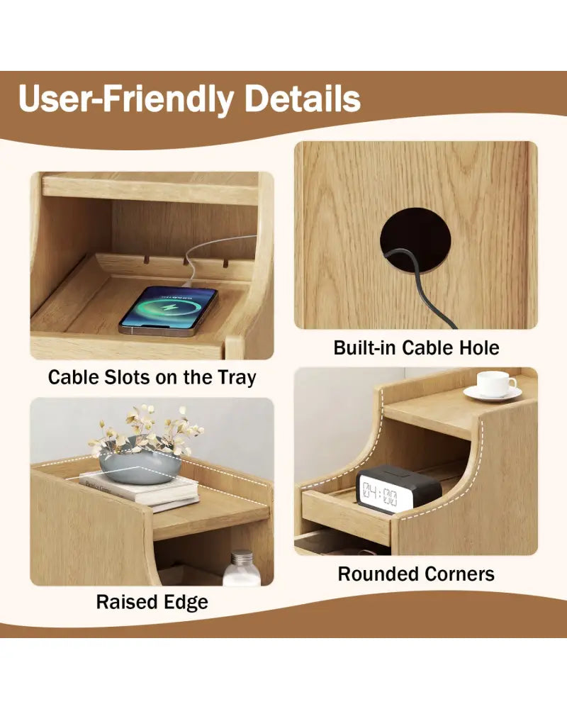 Set of 2 Solid Wood Night Side Table with Pull-out Tray and 2 Storage Drawers-Natural - Natural - Nightstands