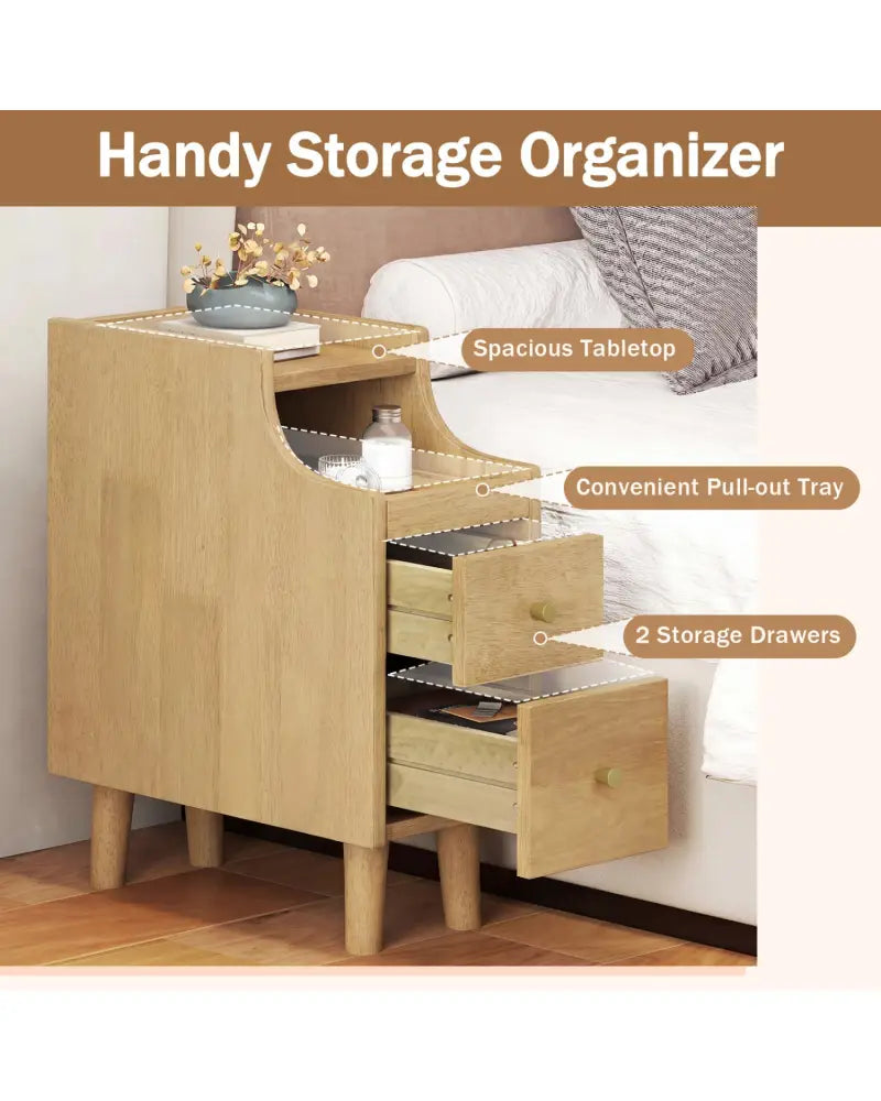 Set of 2 Solid Wood Night Side Table with Pull-out Tray and 2 Storage Drawers-Natural - Natural - Nightstands