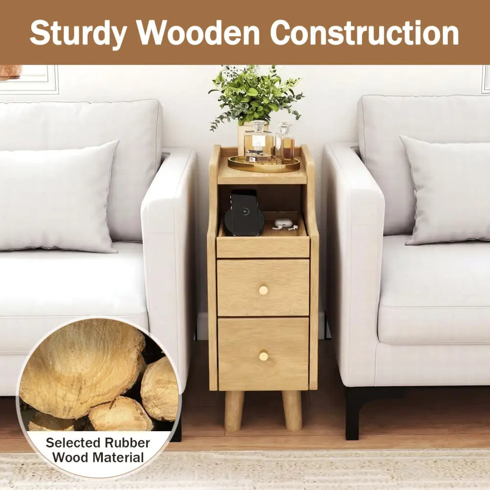 Set of 2 Solid Wood Night Side Table with Pull-out Tray and 2 Storage Drawers-Natural - Natural - Nightstands