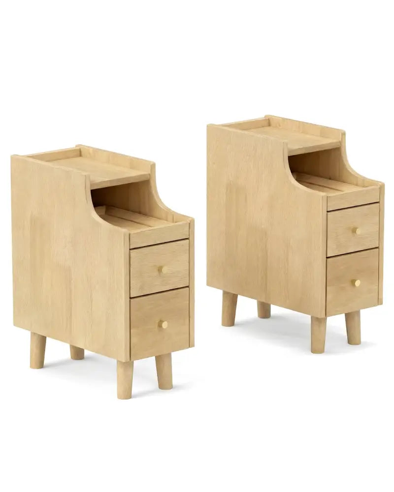 Set of 2 Solid Wood Night Side Table with Pull-out Tray and 2 Storage Drawers-Natural - Natural - Nightstands