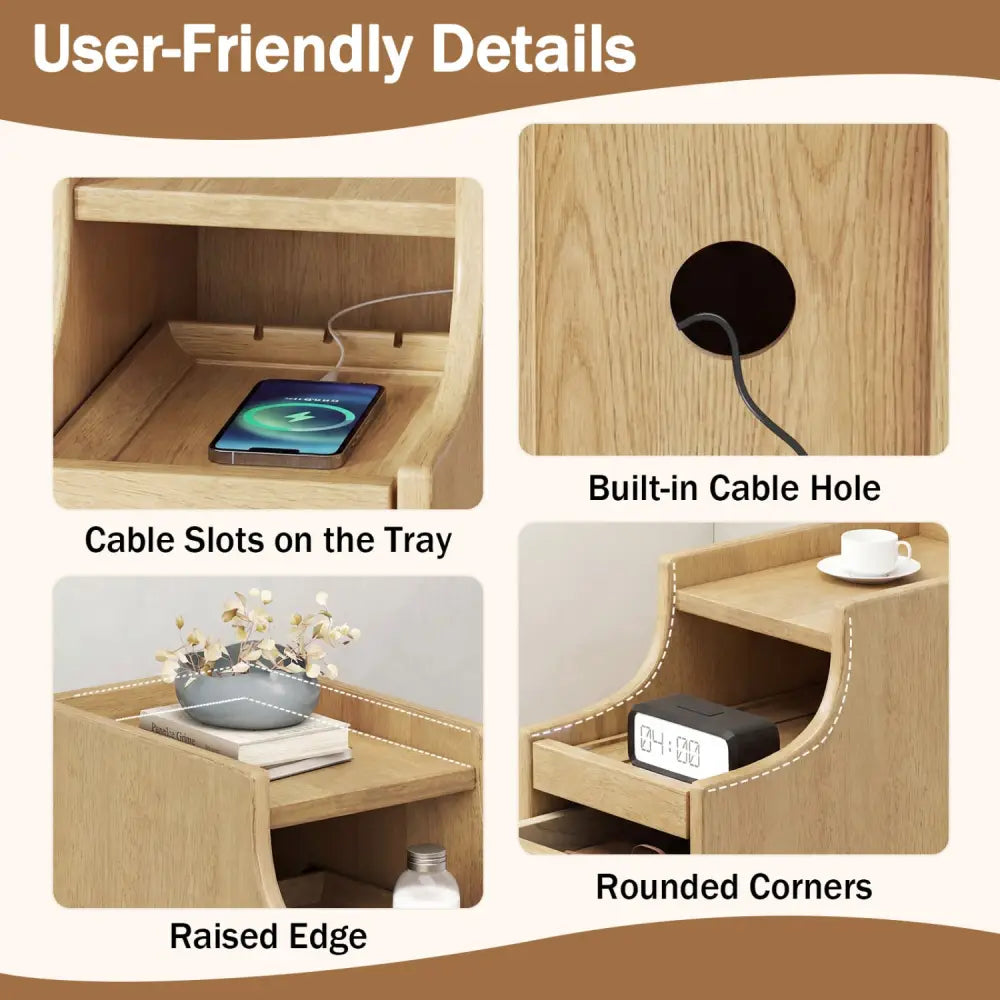 Set of 2 Solid Wood Night Side Table with Pull-out Tray and 2 Storage Drawers-Natural - Natural - Nightstands