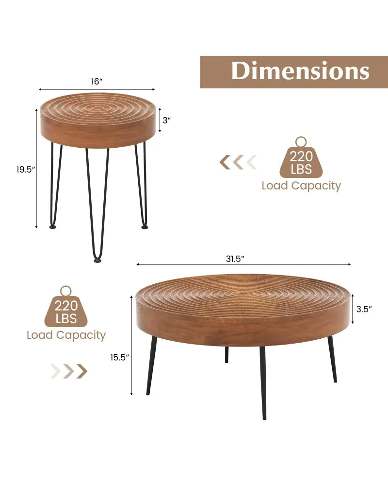 Set of 2 Solid Wood Ring Pattern Farmhouse Round Coffee Tables-Brown - Brown - Coffee Tables