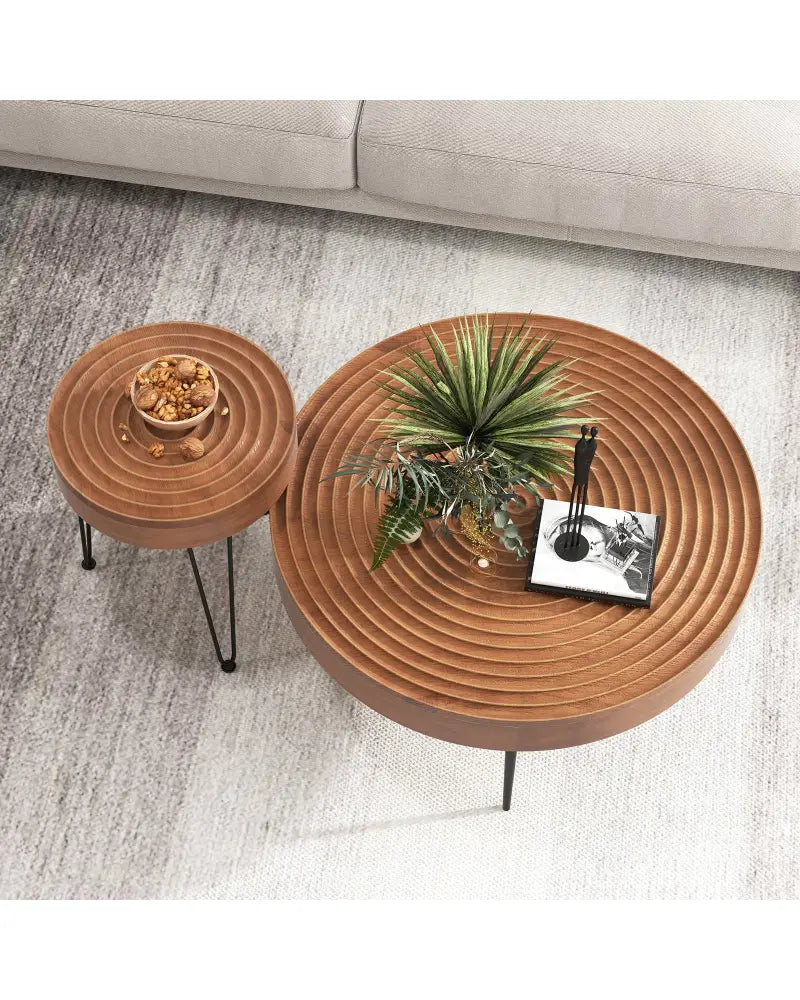 Set of 2 Solid Wood Ring Pattern Farmhouse Round Coffee Tables-Brown - Brown - Coffee Tables