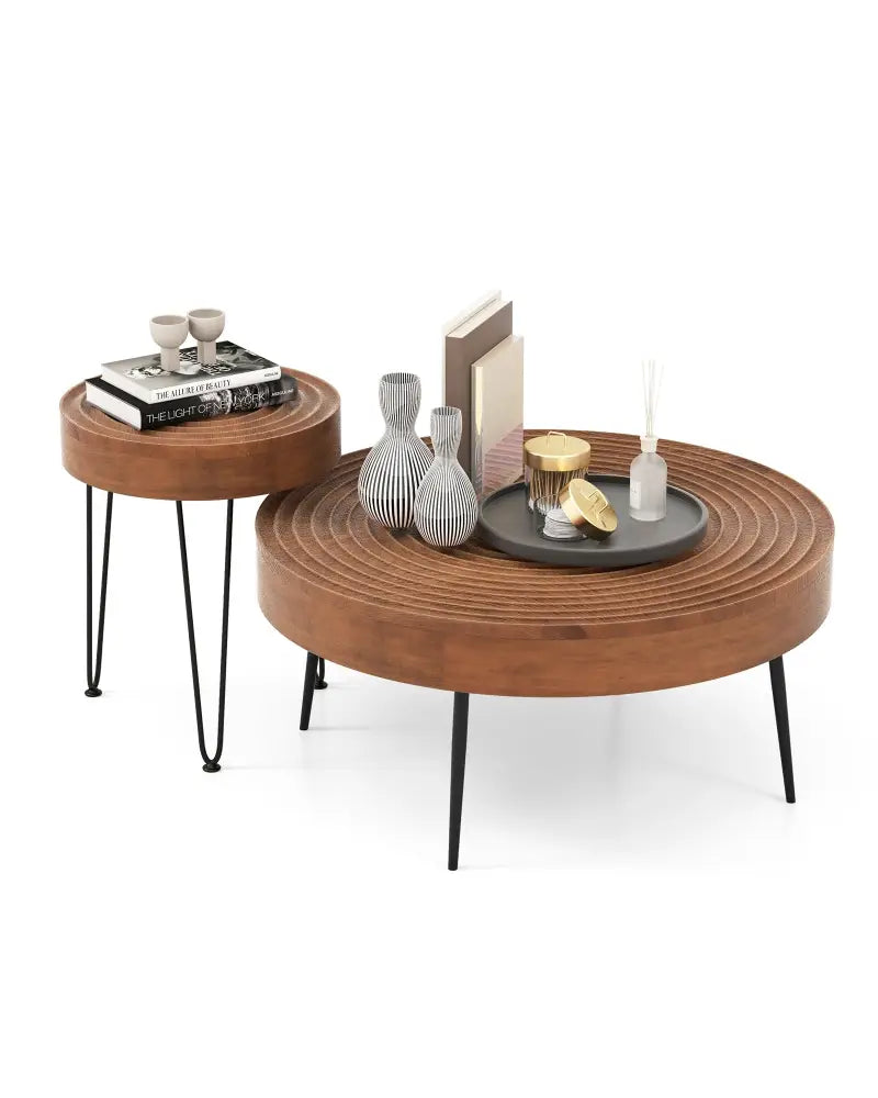 Set of 2 Solid Wood Ring Pattern Farmhouse Round Coffee Tables-Brown - Brown - Coffee Tables