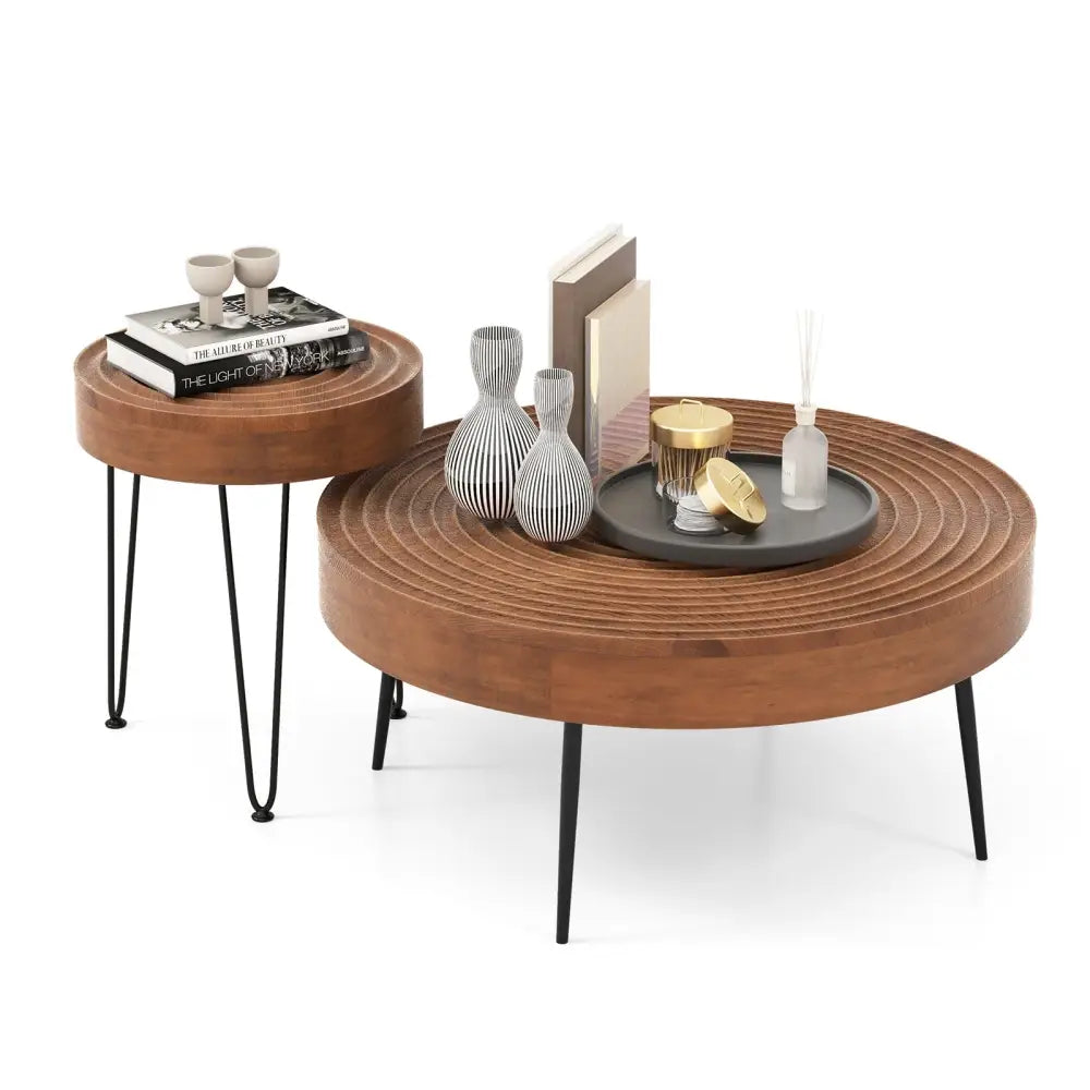 Set of 2 Solid Wood Ring Pattern Farmhouse Round Coffee Tables-Brown - Brown - Coffee Tables