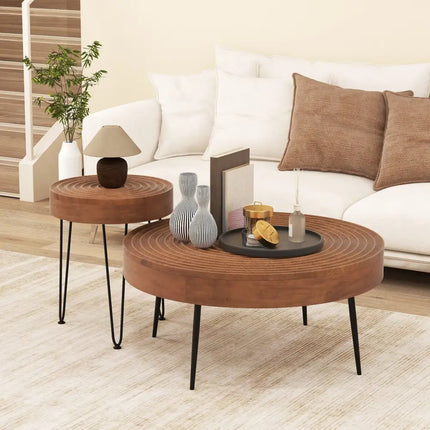 Set of 2 Solid Wood Ring Pattern Farmhouse Round Coffee Tables-Brown - Brown - Coffee Tables