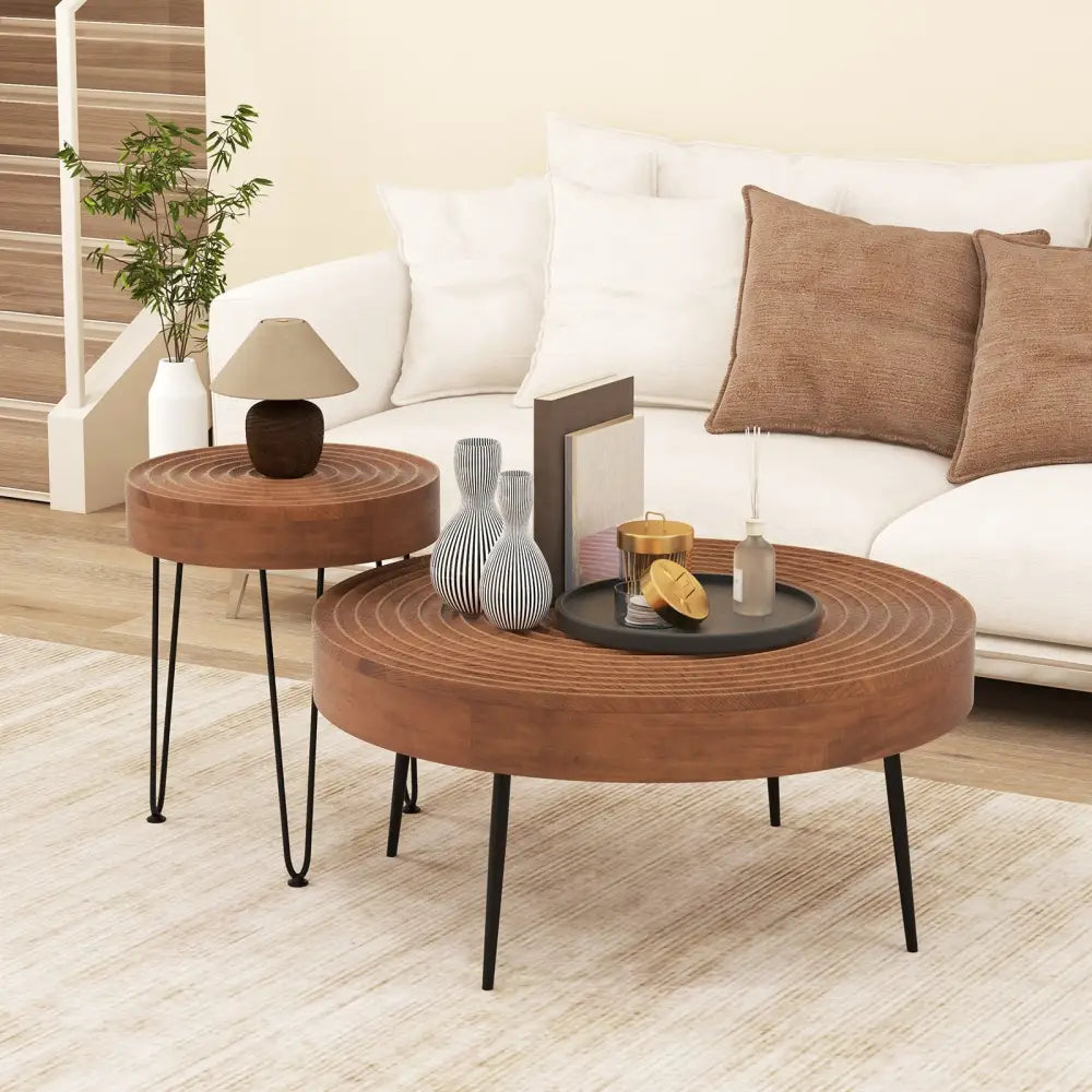 Set of 2 Solid Wood Ring Pattern Farmhouse Round Coffee Tables-Brown - Brown - Coffee Tables