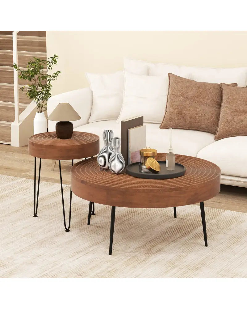 Set of 2 Solid Wood Ring Pattern Farmhouse Round Coffee Tables-Brown - Brown - Coffee Tables