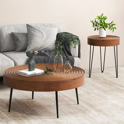 Set of 2 Solid Wood Ring Pattern Farmhouse Round Coffee Tables-Brown - Brown - Coffee Tables