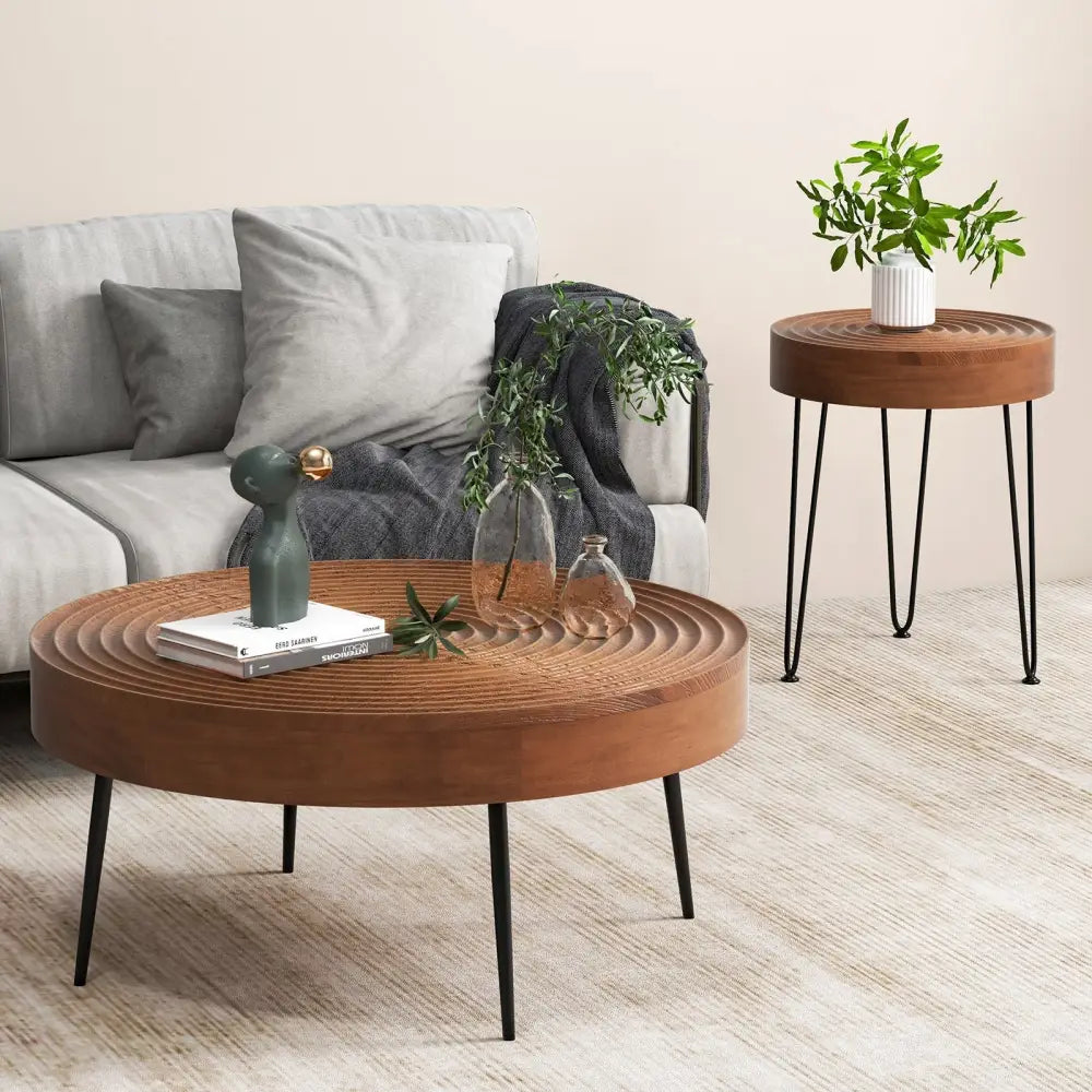 Set of 2 Solid Wood Ring Pattern Farmhouse Round Coffee Tables-Brown - Brown - Coffee Tables